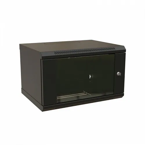 Шкаф настенный 19-дюймовый (19), 6U, 367x600х450мм, стеклянная дверь с перфорацией по бокам, ручка с замком, цвет черный (RAL 9004) (разобранный)