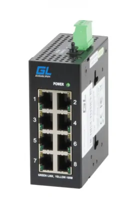 Коммутатор GIGALINK, неуправляемый, индустриальный на DIN рейку, 8 x 10/100 mbs, питание 12-57В (питание поставляется отдельно 20 ватт)