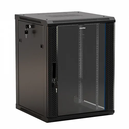 Шкаф настенный 19-дюймовый (19), 18U, 908x600х600мм, стеклянная дверь с перфорацией по бокам, ручка с замком, цвет черный (RAL 9004) (разобранный)