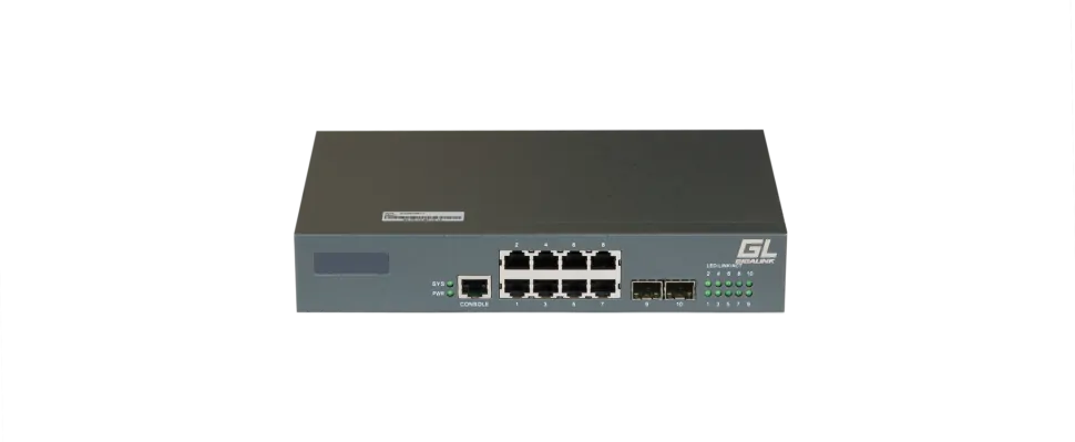 Управляемый коммутатор L2 GIGALINK 8 Base-T 10/100/1000Mb/s портов, 2 SFP 1000Mb/s, 1 Console. 1U 19'', 220V