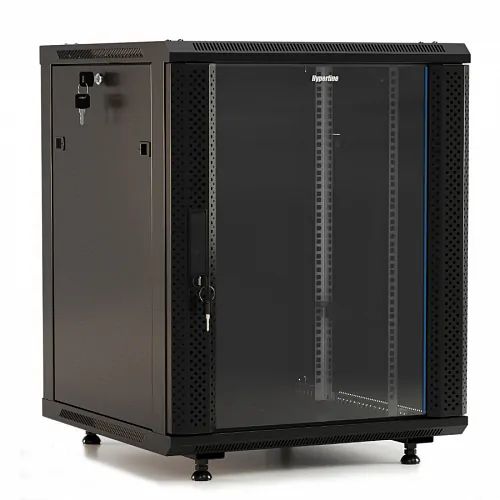 Шкаф настенный 19-дюймовый (19), 12U, 650x600х600мм, стеклянная дверь с перф по бокам, ручка с замком, с возможностью установки на ножки,9004,разобр
