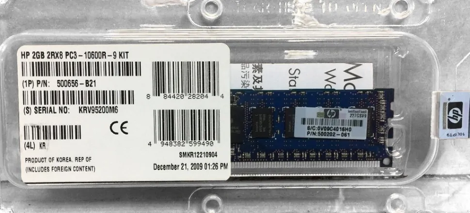 Модуль памяти HP 2GB Dual Rank x8 PC3-10600 (DDR3-1333) Memory Kit, 500656-B21, 500202-161, 500202-061, 501533-001